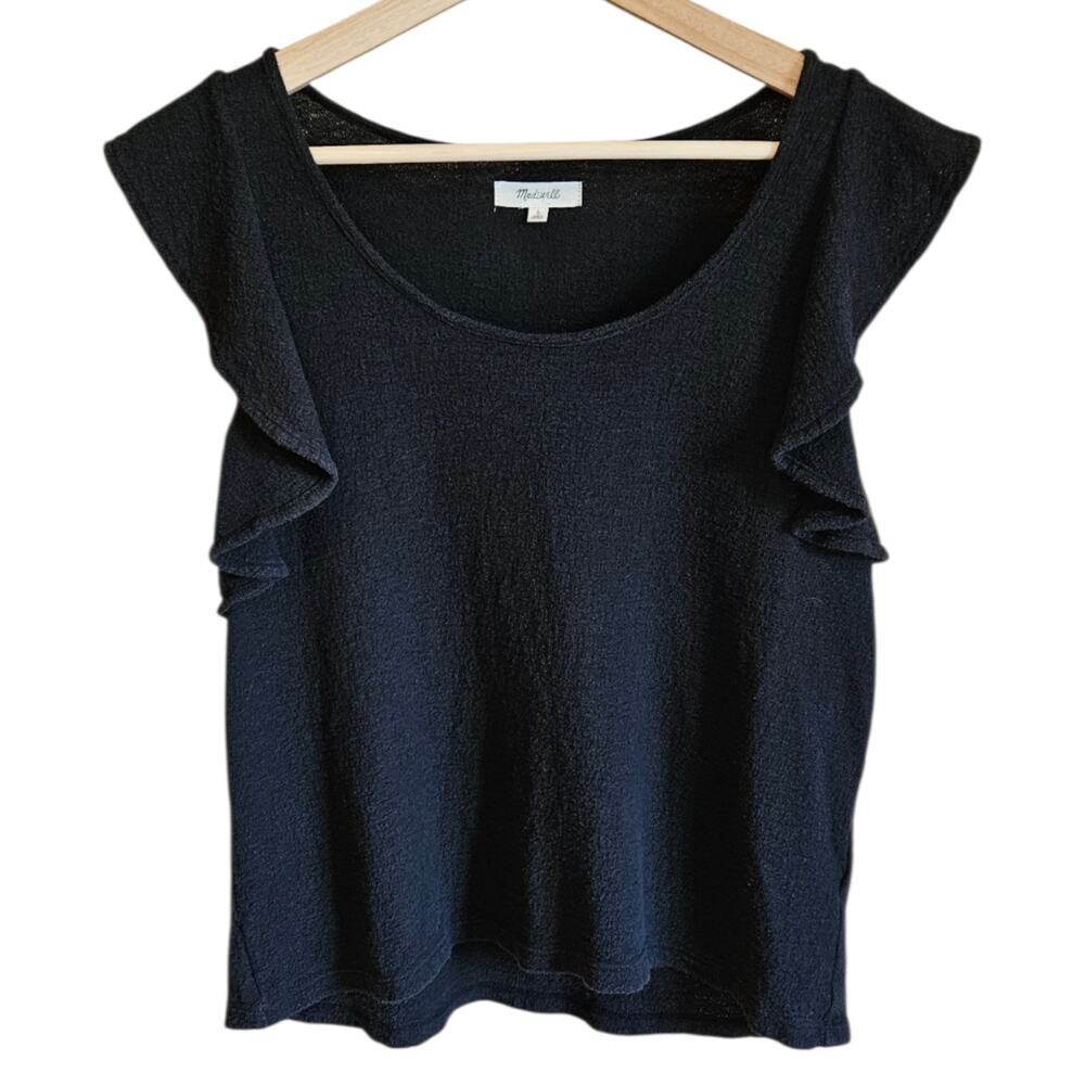 Madewell Black 100% Cotton Textured Ruffle Sleeve Scoop Neck Top Size Large